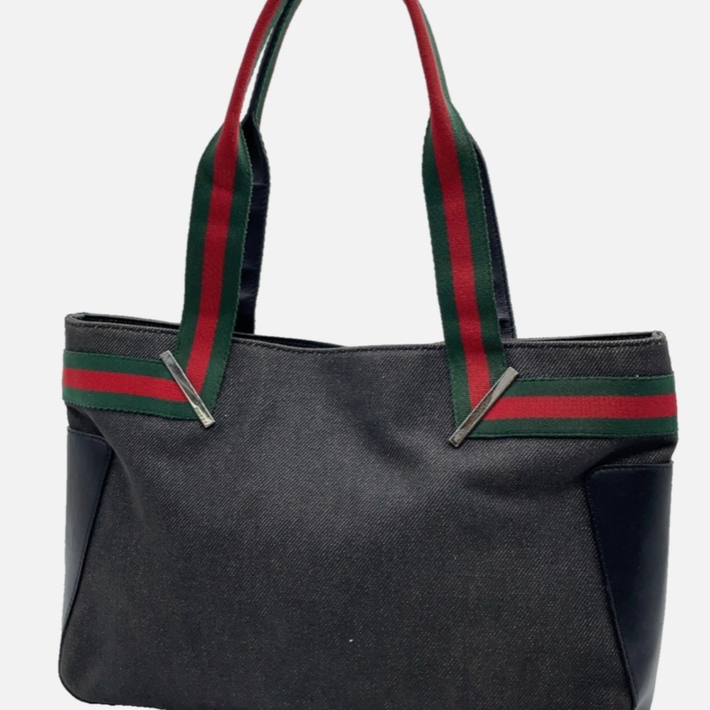 💯Gucci Black Denim Tote with Red and Green Straps Sherry Line EUC - Picture 2 of 13